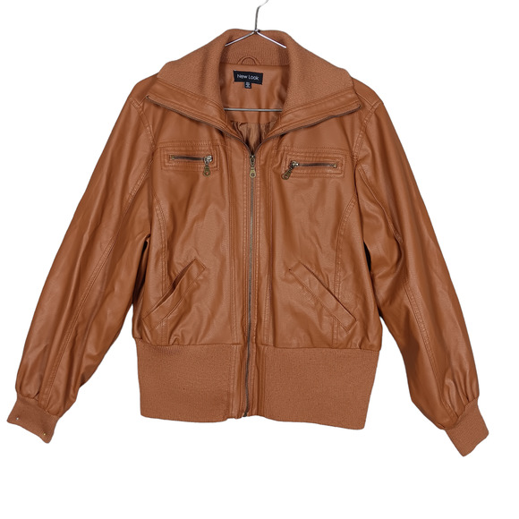 New Look Jackets & Blazers - New Look Women’s Brown Full Zip Faux Leather Bomber Jacket Elastic Waist Size 3X